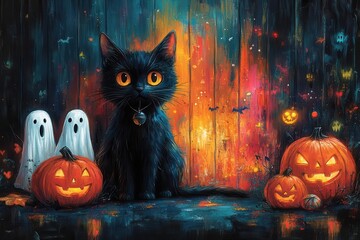 a vibrant halloween banner filled with traditional symbols like pumpkins ghosts and a mischievous black cat capturing the playful spirit of the holiday in vivid colors and whimsical designs