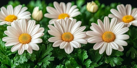 A cluster of delicate white daisies with yellow centers, blooming in a lush green garden