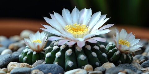 A delicate white flower with a yellow center blooms on a prickly green cactus nestled amongst smooth grey stones.