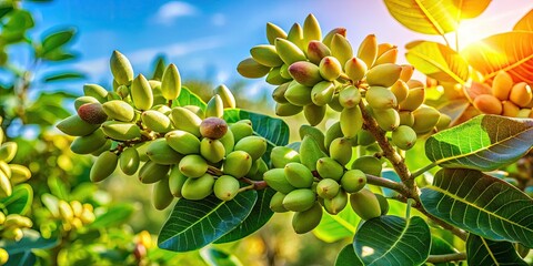 Lush green pistachio plants thrive under bright sunlight, flourishing in a warm climate, showcasing their vibrant foliage and healthy growth in a natural setting.