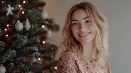 Wall Mural - Smiling woman posing by decorated christmas tree with festive ornaments