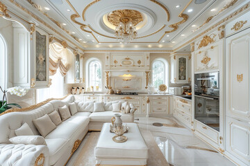 Kitchen European palace modern style interior design in white with antique carved furniture.