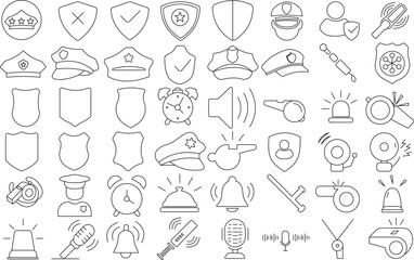 Guard security icon set for logo and T-Shirt. Thin line art editable stroke. Containing security baton or stick, detector, alarm, whistle, alarm, badge, safety shield protection, hat police.