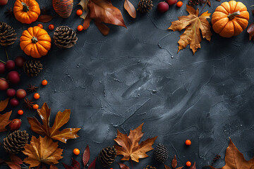 Wall Mural - pumpkins, autumn leaves, berries, and pine cones on a dark background
