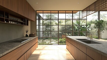 Wall Mural - A sleek modern Japanese kitchen, featuring minimalist wooden cabinetry, stone countertops, and bamboo accents, with large windows overlooking a zen garden