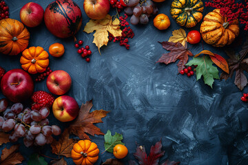 Wall Mural - pumpkins, autumn leaves, berries, and pine cones on a dark background