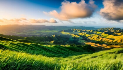 Aerial view of vibrant green countryside fields with trees, rolling hills, and a serene farm nestled in a picturesque, sunlit valley under a cloudy sky