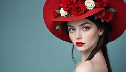 Woman in red hat with flowers