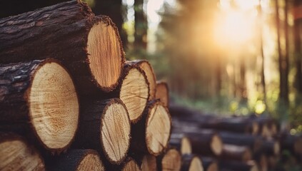 Sunlit forest logs at sunset: serenity and warmth in natures beauty