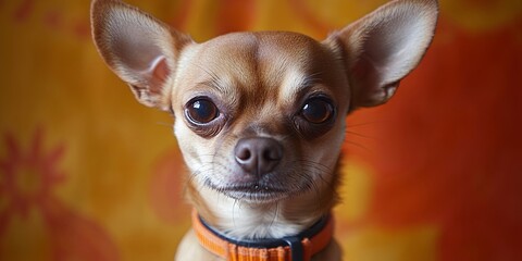 Close-up portrait of a chihuahua with big brown eyes, looking directly at the camera, with a blurry orange background.