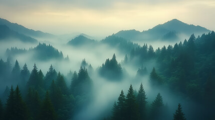 Naklejka na meble Misty morning in a dense forest, with fog swirling around towering pine trees and rolling hills fading into the distance under a muted, overcast sky.