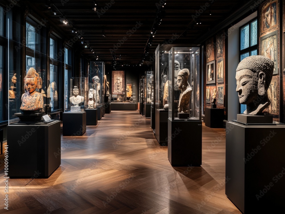 An elegant museum hall featuring a diverse collection of sculptures and ...