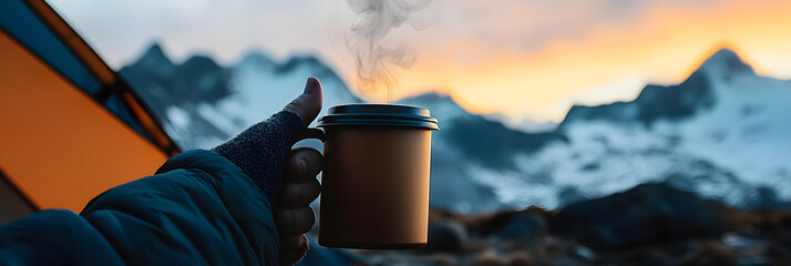 Wall Mural - In the early morning light, a traveler holds a steaming cup of coffee outside a tent, set against stunning mountains, creating a perfect moment of tranquility