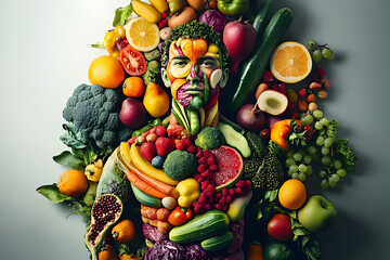 Human made of and surrounded by healthy food, fruits and vegetables, healthy lifestyle on a clean background