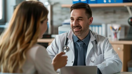 Poster - A man and a woman are talking in a doctor's office