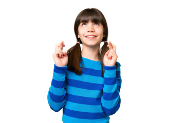 Wall Mural - Little caucasian girl over isolated background with fingers crossing and wishing the best