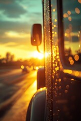 Wall Mural - Sunset Reflections on a Wet Car Window with Bokeh Lights and Blurred Traffic in the Background