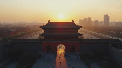 An aerial view of a traditional Chinese gate with the sun setting behind it.