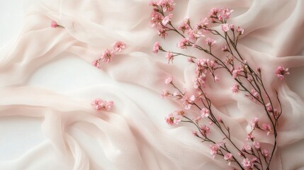 Wall Mural - Delicate pink flowers on soft fabric backdrop