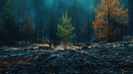 Amidst the destruction of a forest fire, a small pine tree holds on to life, framed by the blackened remains of the forest, highlighting environmental damage.