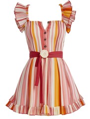 Striped Summer Dress with Ruffles and Red Belt.