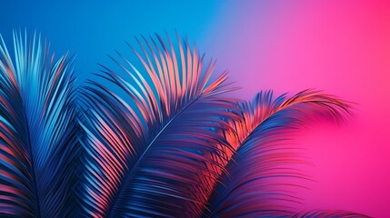 Wall Mural - Palm leaves illuminated by blue and pink neon light.