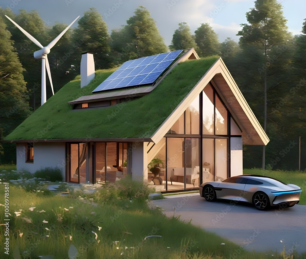 Sustainable Modern House with Solar Panels and Wind Turbine in Nature ...