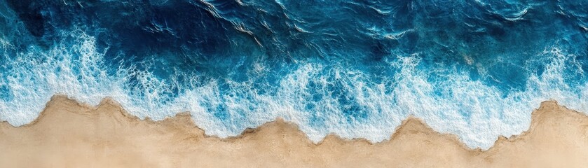 Wall Mural - Aerial View of Ocean Waves Crashing onto Sandy Beach Shoreline with Vibrant Blue Water and White Foam