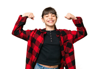 Little girl over isolated green chroma key background doing strong gesture