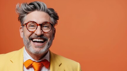 Wall Mural - A joyful man with stylish hair and glasses beams at the camera, showcasing his bright yellow suit and matching orange bow tie, radiating happiness in a lively atmosphere