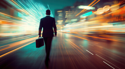 Wall Mural - long exposure with motion blur light trail of busy businessman walking on street with briefcase to office