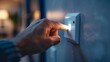 © uros - Close-up of a hand pressing a light switch on a white wall to control electricity in a modern home, demonstrating the concept of energy management and indoor technology