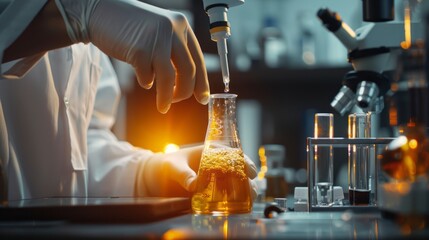 Poster - A scientist is pouring a liquid into a beaker