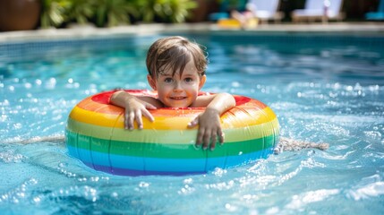 A young boy is floating on a rainbow inflatable pool toy in a swimming pool