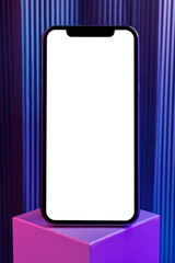Wall Mural - black smartphone screen mockup background on purple cubic stand