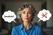 © Irina - No smoking and No vaping. senior woman thinks about the choice to smoke or not to smoke. There is a thought bubble above  woman's head