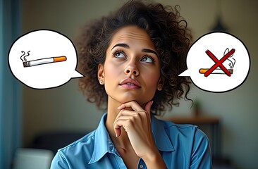 No smoking and No vaping. girl thinks about the choice to smoke or not to smoke. There is a thought bubble above  woman's head