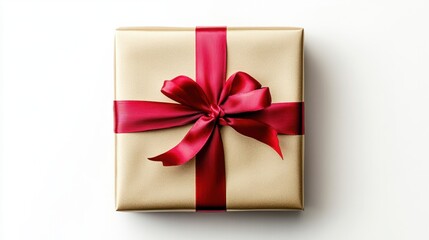 A beautifully wrapped New Year present in gold paper with a red ribbon, isolated on a white background, showcasing elegance.