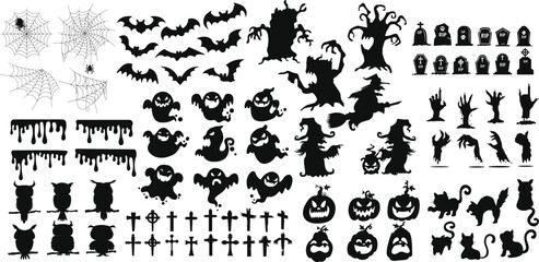 big set of halloween silhouettes black icon and character. design of witch, creepy and spooky elemen