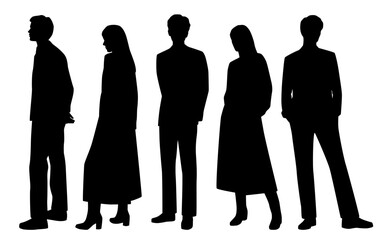 Wall Mural - Vector silhouettes of  men and a women, a group of standing   business people, profile, black color  isolated on white background