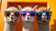 © ArtistiKa - Three cute llamas wear bright-colored sunglasses while standing closely together, showcasing fun, playful personalities.