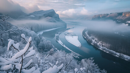 Wall Mural - A winding river cutting through a snow-covered valley, framed by frosty trees and soft clouds in the distance. beautiful winter landscape wallpaper 