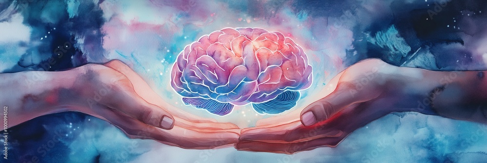 World Mental Health Day, Watercolor Hands Holding Glowing Brain ...