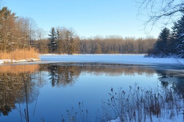 Canvas Print - A winter scene with a frozen lake reflected in the water