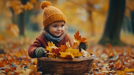 A child with a beanie hat and mittens, collecting colorful autumn leaves in a basket.