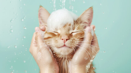 Cute mammal orange cat grooming and enjoys a relaxing bathtub with shampoo and foam in bath room. Pet care bath and spa
