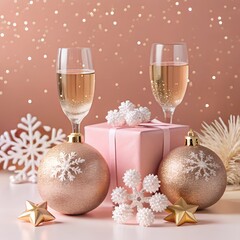 Festive background, two glasses of champagne, golden glitter of stars and snowflakes. A gift lies nearby