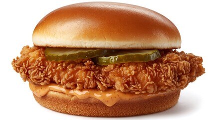 A fresh, crispy chicken sandwich with pickles and a spicy mayo sauce 