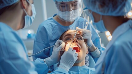 Aufkleber - A woman is getting her teeth cleaned by a dentist