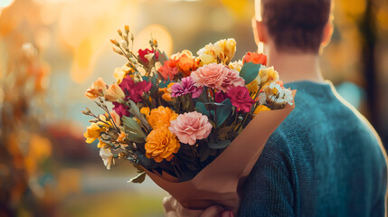 A man hiding a bouquet of flowers behind his back to surprise his girlfriend, having bought the bouquet to gift her, the image representing love.